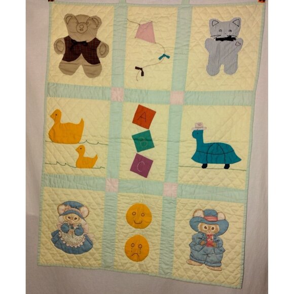 Handmade Quilted Baby Wall Hanging Yellow Green Animals Turtle Mice Ducks READ - Picture 2 of 16